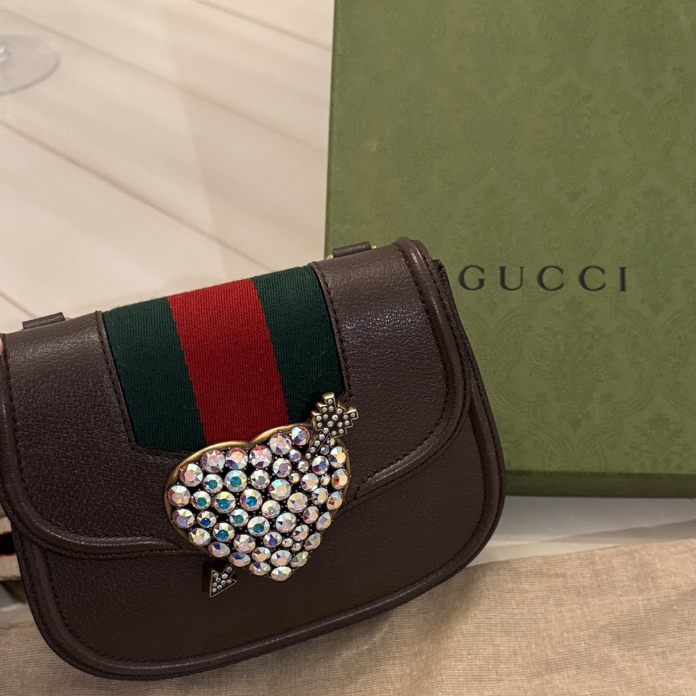 Gucci Totem Crystal Heart Brown Leather Crossbody with Two Straps